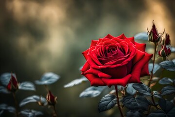A mesmerizing macro photograph capturing the elegance of a red rose flower with a beautifully blurred natural setting in the background. The impeccable lighting reveals intricate details, resulting