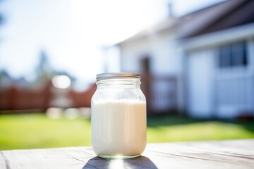 buttermilk in clear jar, dairy farm background, sunny day