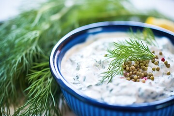 tzatziki close-up with dill and peppercorn garnish
