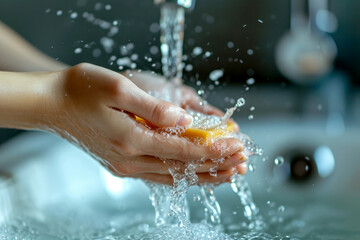 Fototapeta premium Close up shot of hands washing in the sink. Generative AI
