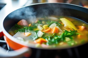 close-up of simmering vegetable soup in a stockpot