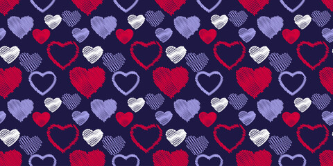 Seamless simple pattern with hand drawn vector hearts. Print with set texture heart silhouettes outline. Valentine, love background. Template for textile, fashion, print, surface design, paper