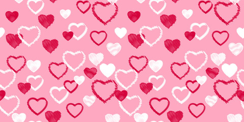 Vibrant pink seamless pattern with vector hand drawn sketch hearts. Print with textured heart silhouettes outline. Valentine, love background. Template for textile, fashion, print, surface design