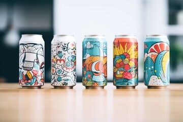 several cans with colorful mockup designs, white canvas - obrazy, fototapety, plakaty