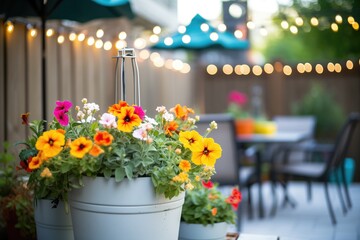 Fototapeta na wymiar bright flowers in patio planters with string lights