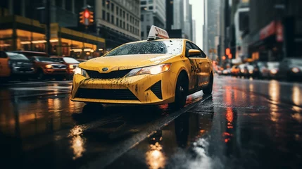 Photo sur Plexiglas TAXI de new york Taxi Rush: Yellow Cabs in the Hustle of Urban Traffic, Generative AI