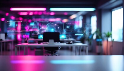 Modern neon cyberpunk open space office interior blurred with information technology overlay