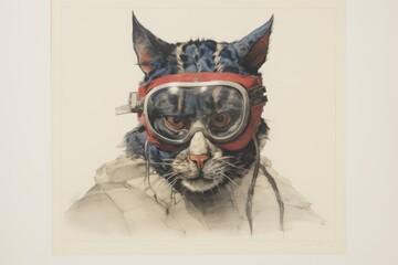 Feline in Protective Gear, A Cat Donning a Helmet and Goggles