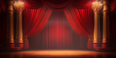 Theater stage with red curtains stage background template, Stage podium for presentation in theater style with curtains and columns. 