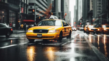 Crédence de cuisine en verre imprimé TAXI de new york Cityscape Melody: Taxis Amidst the Urban Commute, Generative AI