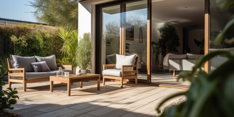 Cozy patio area with beige garden furniture sliding doors - obrazy, fototapety, plakaty