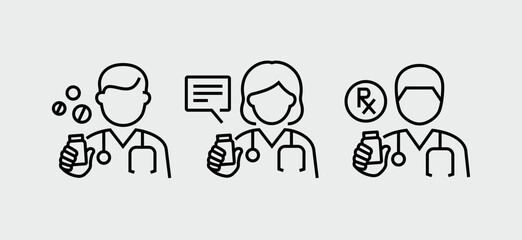 Doctor Pharmacist Holding Medications Pills Bottle Vector Line Icons