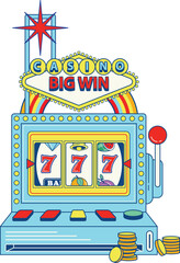 Slot machine with chips, fruit machine with casino sign, 2D slot machine, vector casino slot, groovy cartoon old style