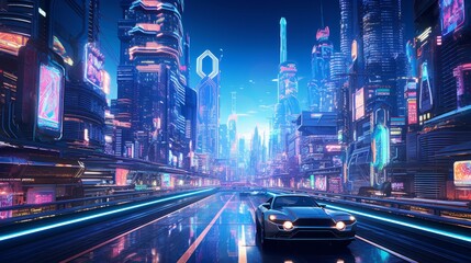 Fototapeta na wymiar Car Driving Through Futuristic City at Night, A Glimpse Into the Urban Future