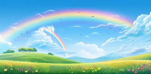 rainbows over grass in nature with sky