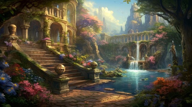 Painting of a Garden With a Waterfall