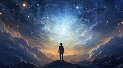Fototapeta premium Man on Mountain, A Majestic Encounter With Star-Filled Skies