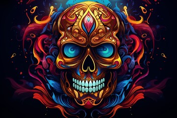 Colorful Skull With Blue Eyes on Black Background