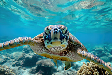 Fototapeta premium Sea turtle swims under water. Generative AI.