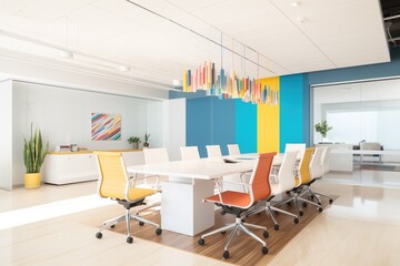 bright office space with white conference table and colorful ergonomic chairs