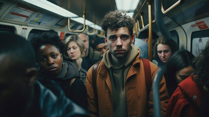 Rush Hour Saga: Men Embarking on a Crowded Train, Generative AI