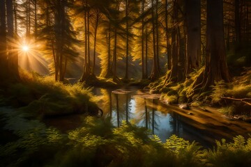 Delve into the enchanting Sainte-Marguerite Valley Forest—a narrow river winding through ancient trees, bathed in the golden hues of a perfect sunset.