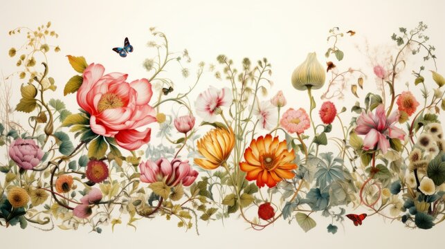 Painting of Flowers and Butterfly on White Background, Elegant and Vibrant Floral Artwork