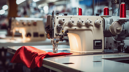 The process of sewing clothes, upholstery on a modern sewing machine in a sewing factory. Industrial business on a large scale.