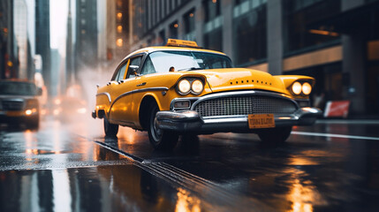 Fototapeta na wymiar Taxi Rush: Yellow Cabs in the Hustle of Urban Traffic, Generative AI