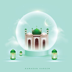 Ramadan Kareem Celebration Concept with 3D Exquisite Mosque, Crescent Moon Inside Glass Globe and Illuminated Lanterns on Pastel Mint Green Background.