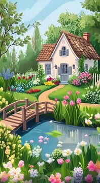 Cozy house with a blooming garden. Concept of nature. Vertical format.