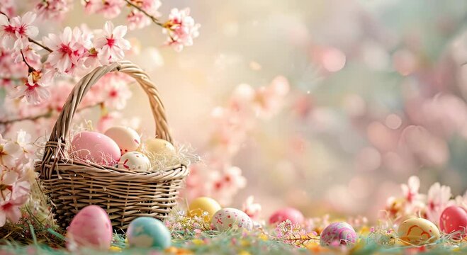 Easter basket with eggs against a blossoming branch. Spring holiday 