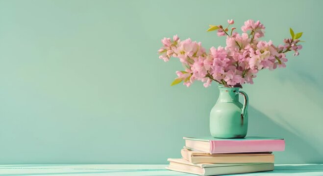 Vase with spring flowers on books. Concept of tranquility 