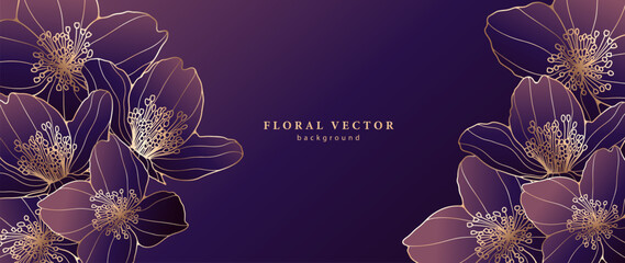 Luxury purple floral background with golden flower outlines. Floral card, cover design, wallpaper. - obrazy, fototapety, plakaty