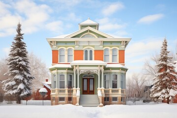 winter scene of an italianate home with a snowcapped belvedere - obrazy, fototapety, plakaty