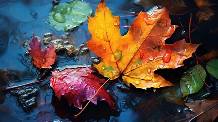 A vibrant portrayal of a wet leaf after rain, with bold colors 