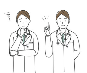 悩む男性医師と閃いた男性医師のセット