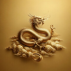 Fototapeta premium the minimalist realistic art illustrations of mythical gold dragons on a cloud, designed in a old traditional Chinese style and powerful with a real gold background.