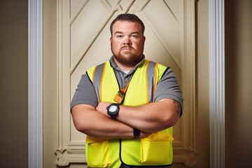 portrait of a mason with crossed arms wearing a safety vest