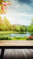Wooden table spring nature bokeh background, empty wood desk product display mockup with green park sunny blurry abstract garden backdrop landscape ads showcase presentation. Mock up, copy space.