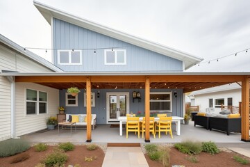 farmhouse, metal roof overhang, outdoor seating below