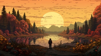 Person Standing in Front of Lake Painting