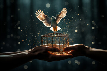 A pair of hands releasing a caged bird, symbolizing liberation from inner struggles - Powered by Adobe