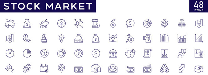 Stock market icons set with fully editable stroke thin line vector illustration with stock marketing, stock exchange, investment, shares, financial goals, bear marketing, trading, securities, money