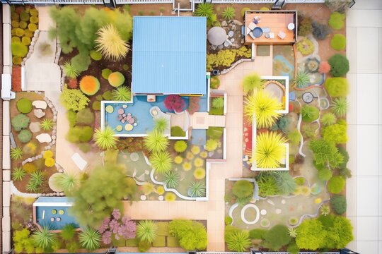 top view of an asymmetrical garden layout with pathways and plants