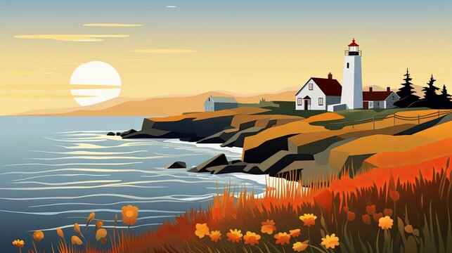 Painting of Lighthouse on Cliff by Ocean, Captivating Coastal Artwork of a Seaside Beacon