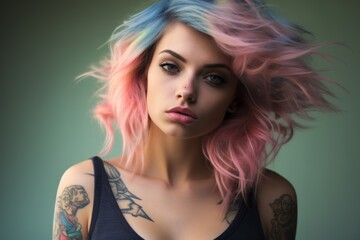 Woman With Pink and Blue Hair and Tattoos