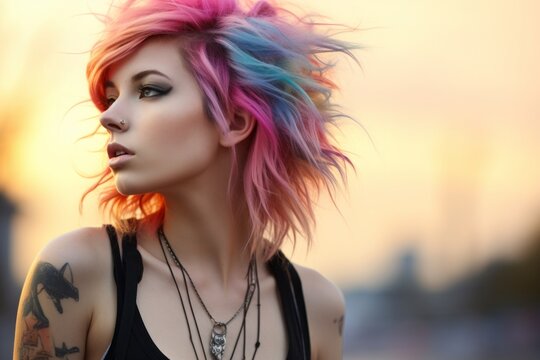 Colorful Woman With Pink, Blue, and Green Hair Portrait