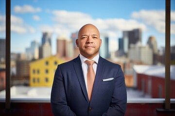 real estate professional with cityscape backdrop