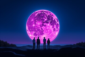 Three Individuals Standing in Front of Enormous Purple Ball